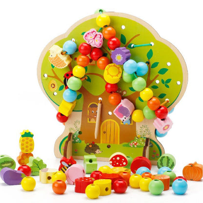 Jucarie Educativa Montessori 2 in 1 din Lemn, Klevo, Model Pomul cu Fructe, 102 piese, Dezvoltare Motricitate Fina, Copii 3+ ani, 21.5 x 21.4 x 5 cm, Multicolor
