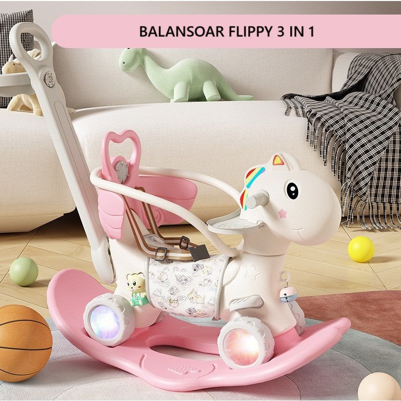 Balansoar pentru Copii, Klevo, 3in1, cu Spatar si Bara de Siguranta, Maner cu Cos de Basket, Tava de Masa, Roti Luminoase, 80 x 43 x 83 cm, din Plastic, + 3 Ani, Roz