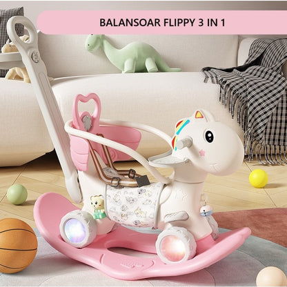 Balansoar pentru Copii, Klevo, 3in1, cu Spatar si Bara de Siguranta, Maner cu Cos de Basket, Tava de Masa, Roti Luminoase, 80 x 43 x 83 cm, din Plastic, + 3 Ani, Roz