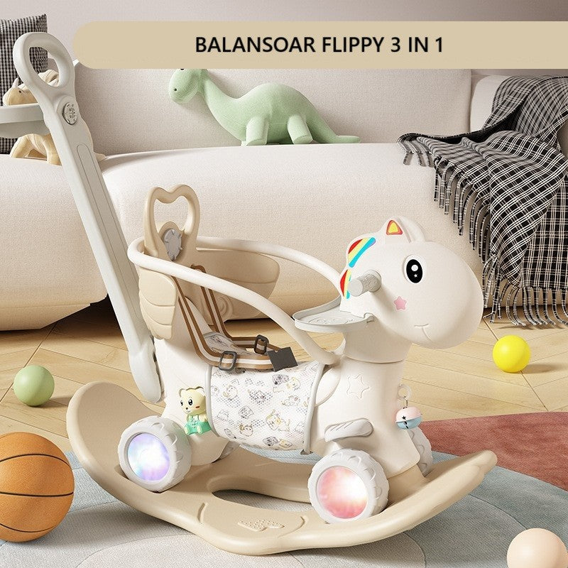 Balansoar pentru Copii, Klevo, 3in1, cu Spatar si Bara de Siguranta, Maner cu Cos de Basket, Tava de Masa, Roti Luminoase, 80 x 43 x 83 cm, din Plastic, + 3 Ani, Bej