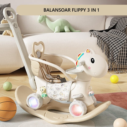 Balansoar pentru Copii, Klevo, 3in1, cu Spatar si Bara de Siguranta, Maner cu Cos de Basket, Tava de Masa, Roti Luminoase, 80 x 43 x 83 cm, din Plastic, + 3 Ani, Bej