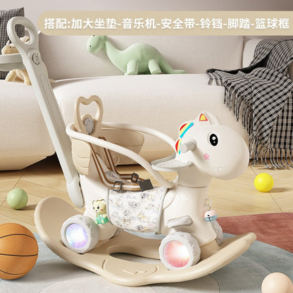Balansoar pentru Copii, Klevo, 3in1, cu Spatar si Bara de Siguranta, Maner cu Cos de Basket, Tava de Masa, Roti Luminoase, 80 x 43 x 83 cm, din Plastic, + 3 Ani, Bej