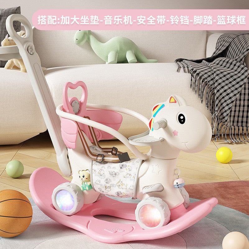 Balansoar pentru Copii, Klevo, 3in1, cu Spatar si Bara de Siguranta, Maner cu Cos de Basket, Tava de Masa, Roti Luminoase, 80 x 43 x 83 cm, din Plastic, + 3 Ani, Roz
