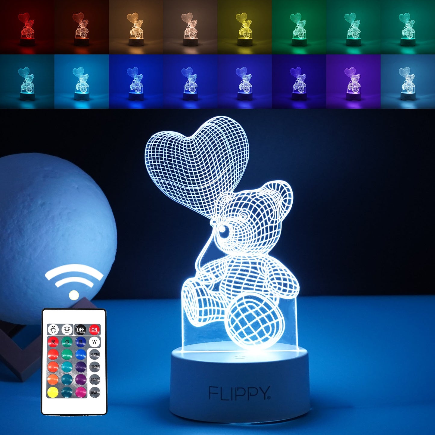 Lampa LED decorativa, Klevo, 3D, Ursulet cu balon inima, cu telecomanda, doua moduri de alimentare USB si baterii, 20 cm inaltime, din material acril si lumina multicolora, alb