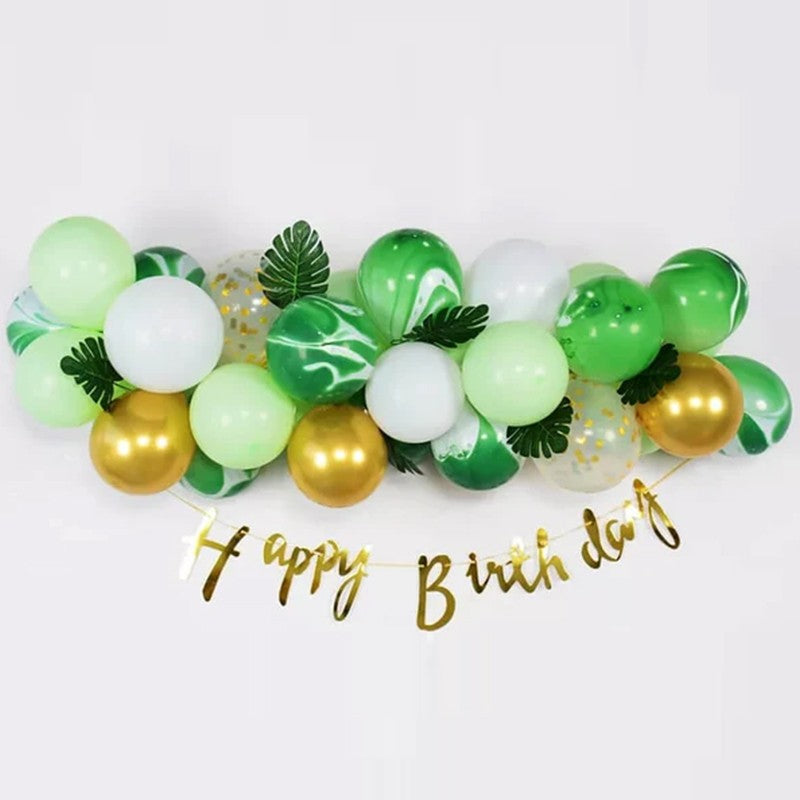 Baloane decorative din Latex si Banner Happy Birthday, Klevo, Model Aniversare, Set 37 de Piese, Verde, Auriu, Alb