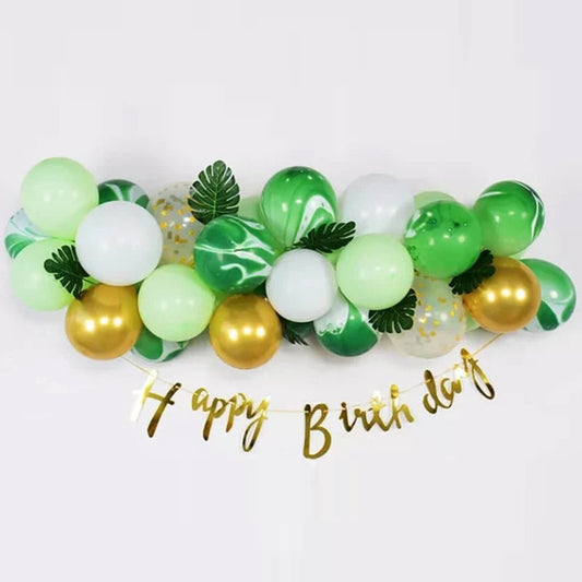 Baloane decorative din Latex si Banner Happy Birthday, Klevo, Model Aniversare, Set 37 de Piese, Verde, Auriu, Alb