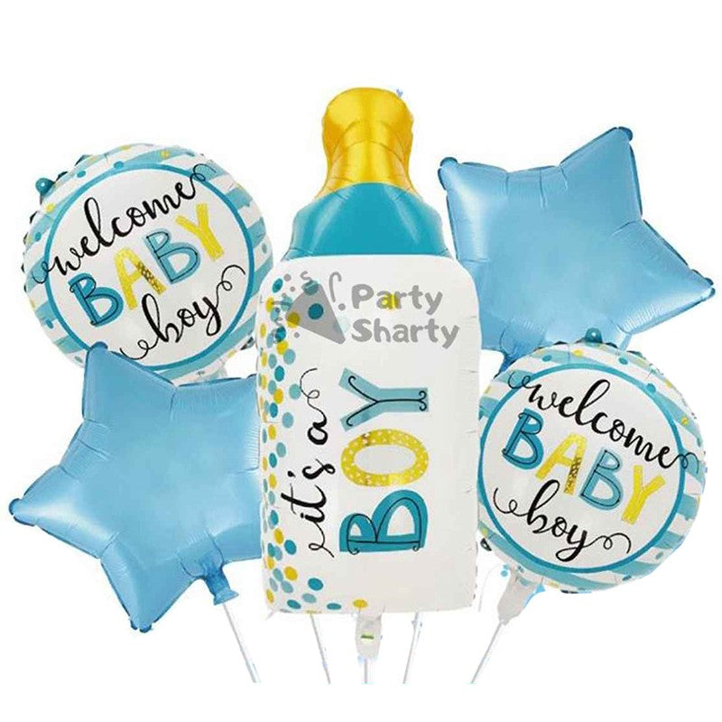 Baloane decorative GENDER REVEAL PARTY, Klevo, Figurina Sticla, Model IT'S A BOY, Set din 5 baloane, 40 x 77 cm, pentru Botez, Albastru