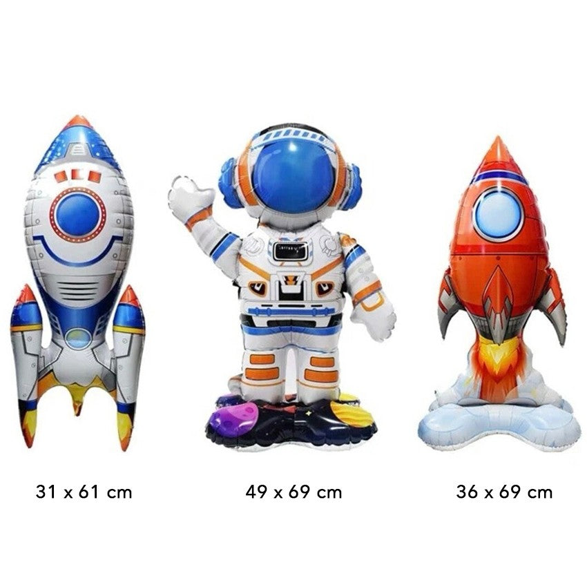 Baloane din Folie Metalizata, Klevo, set 3 Baloane pentru Baieti, Model Astronaut 49 x 69 cm, Racheta Alba 31 x 61 cm, Racheta Rosie 36 x 69 cm, Pai din carton inclus, Multicolor