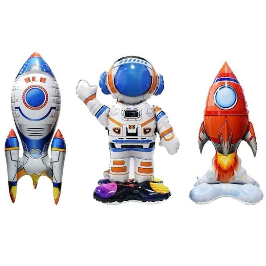 Baloane din Folie Metalizata, Klevo, set 3 Baloane pentru Baieti, Model Astronaut 49 x 69 cm, Racheta Alba 31 x 61 cm, Racheta Rosie 36 x 69 cm, Pai din carton inclus, Multicolor