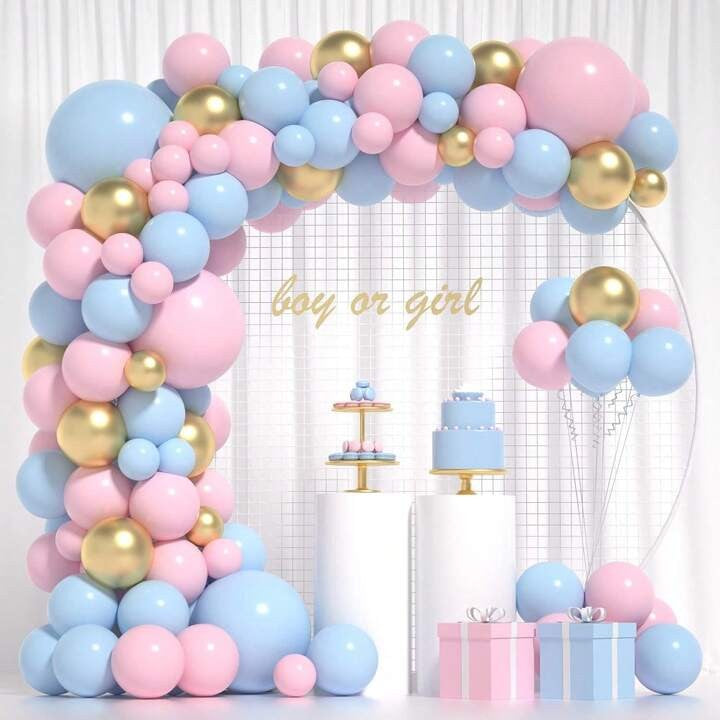 Baloane decorative pentru BABY SHOWER, Klevo, Arcada Set 106 baloane din latex, Model Petrecere, Baloane Party, 12 cm, 30 cm, 45 cm, Roz, Albastru, Gold