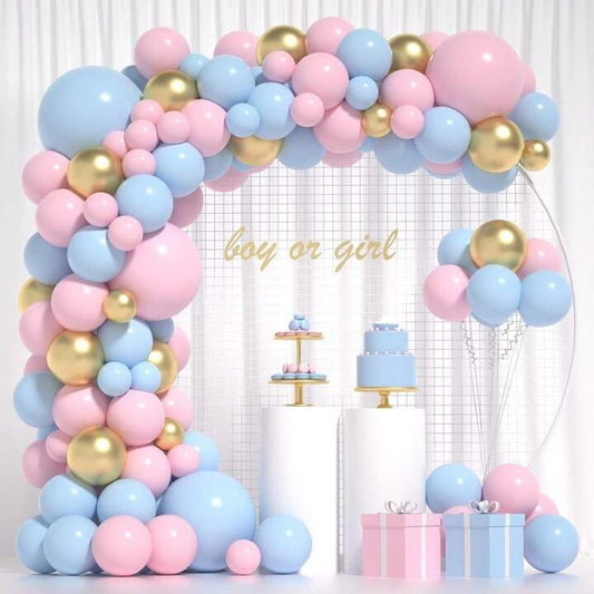 Baloane decorative pentru BABY SHOWER, Klevo, Arcada Set 106 baloane din latex, Model Petrecere, Baloane Party, 12 cm, 30 cm, 45 cm, Roz, Albastru, Gold