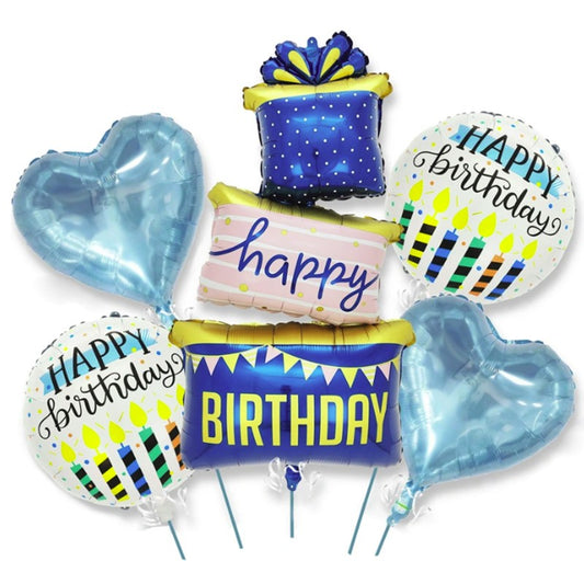 Baloane pentru aniversare, Klevo, tematica Happy Birthday, set 5 baloane, 1 Cadouri, 2 inimi, 2 rotunde, din folie de aluminiu, pai de carton inclus, 60 x 124 cm Albastru