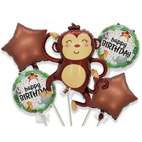 Baloane pentru aniversare, Klevo, tematica Happy Birthday, set 5 baloane, 1 Maimuta 85 x 89 cm, 2 Stele, 2 Rotunde, din folie de aluminiu, pai de carton inclus, Maro
