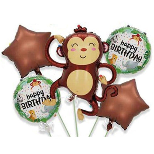 Baloane pentru aniversare, Klevo, tematica Happy Birthday, set 5 baloane, 1 Maimuta 85 x 89 cm, 2 Stele, 2 Rotunde, din folie de aluminiu, pai de carton inclus, Maro