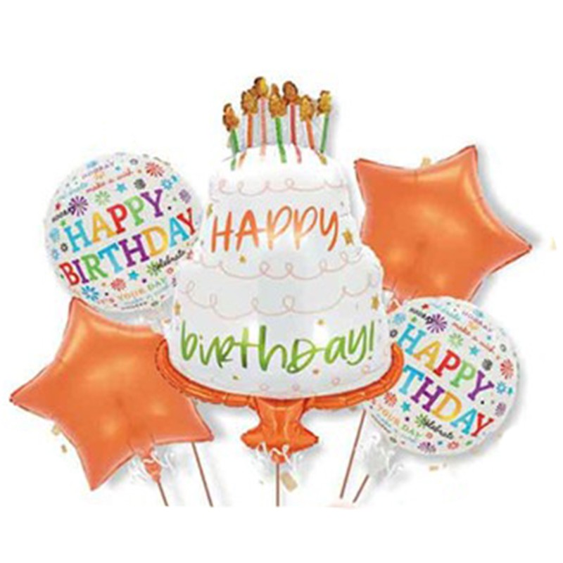 Baloane pentru aniversare, Klevo, tematica Happy Birthday, set 5 baloane, 1 TORT 70 x 101 cm, 2 Stele, 2 Rotunde, din folie de aluminiu, pai de carton inclus, Portocaliu