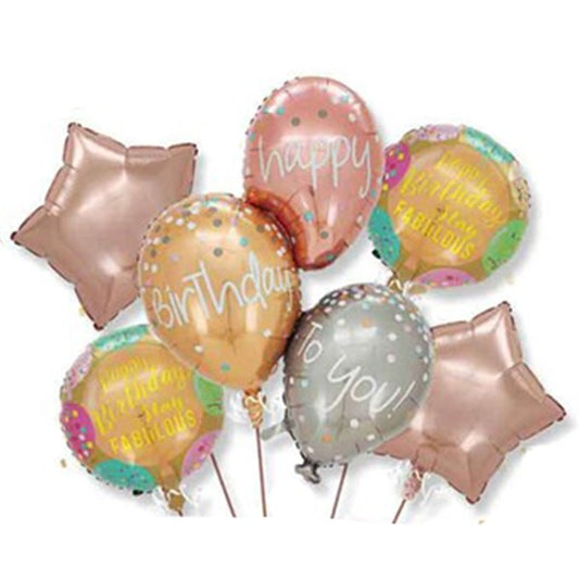 Baloane pentru aniversare, Klevo, tematica Happy Birthday, set 7 baloane, 3 in1 Balon 86 x 110 cm, 2 Stele, 2 Rotunde, din folie de aluminiu, pai de carton inclus, Multicolor