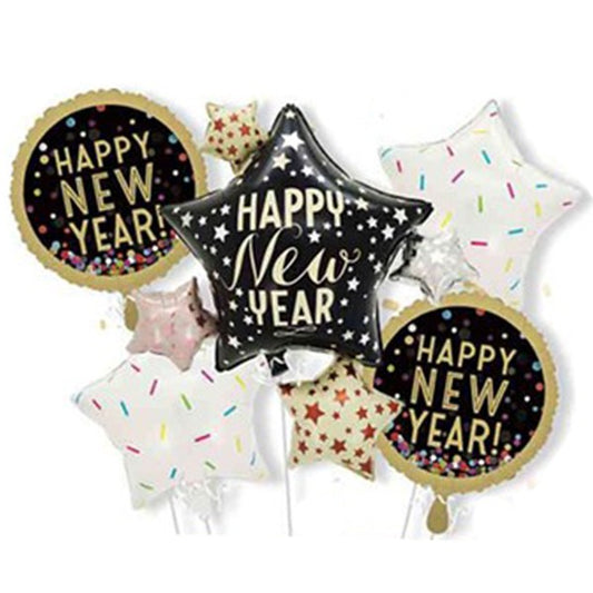 Baloane pentru aniversare, Klevo, tematica Happy New Year, set 9 baloane, 1 Stea Mare 83 x 90 cm, 6 stele, 2 rotunde, din folie de aluminiu, pai de carton inclus, Negru