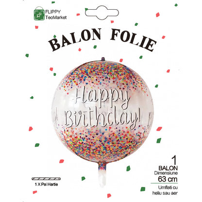 Balon din Folie Metalizata, Klevo, Figurina Rotunda 4D, Model Happy Birthday, Tema Aniversare, 24 x 63 cm, Ambalaj Individual, Pai inclus, Umflare cu Aer sau Heliu, Maro