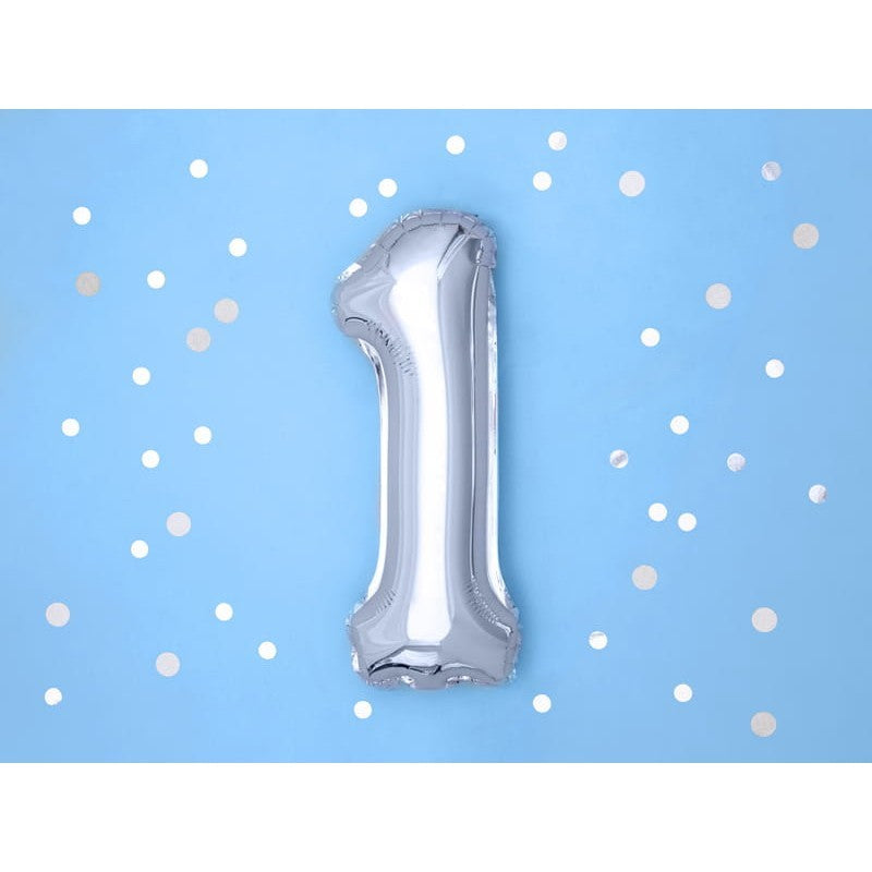 Balon din Folie Metalizata, Klevo, Figurina Cifra, Tema Aniversare 100 cm, Ambalaj Individual, Pai inclus, Umflare cu Aer sau Heliu, Argintiu, Cifra 1