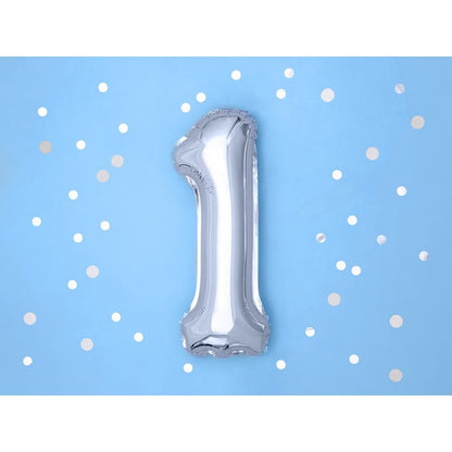 Balon din Folie Metalizata, Klevo, Figurina Cifra, Tema Aniversare 100 cm, Ambalaj Individual, Pai inclus, Umflare cu Aer sau Heliu, Argintiu, Cifra 1