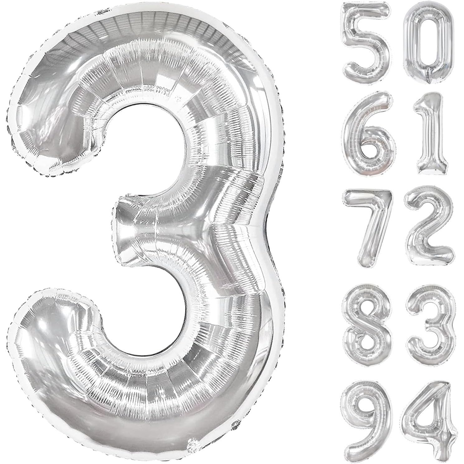 Balon din Folie Metalizata, Klevo, Figurina Cifra, Tema Aniversare 100 cm, Ambalaj Individual, Pai inclus, Umflare cu Aer sau Heliu, Argintiu, Cifra 3