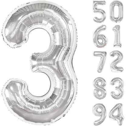 Balon din Folie Metalizata, Klevo, Figurina Cifra, Tema Aniversare 100 cm, Ambalaj Individual, Pai inclus, Umflare cu Aer sau Heliu, Argintiu, Cifra 3