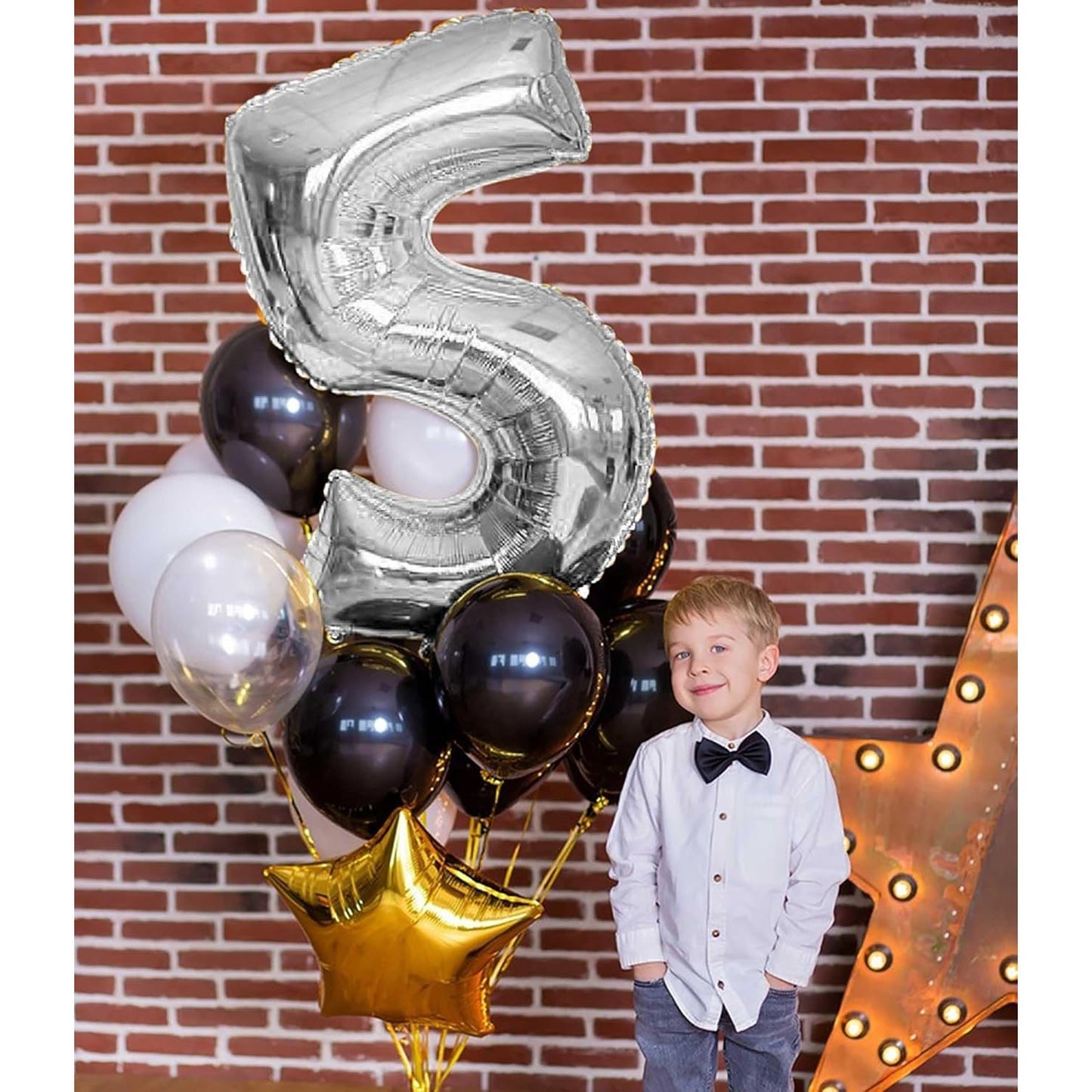 Balon din Folie Metalizata, Klevo, Figurina Cifra, Tema Aniversare 100 cm, Ambalaj Individual, Pai inclus, Umflare cu Aer sau Heliu, Argintiu, Cifra 5