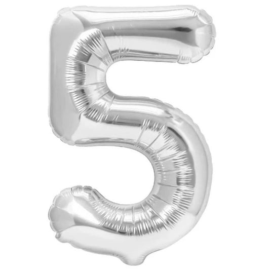 Balon din Folie Metalizata, Klevo, Figurina Cifra, Tema Aniversare 100 cm, Ambalaj Individual, Pai inclus, Umflare cu Aer sau Heliu, Argintiu, Cifra 5