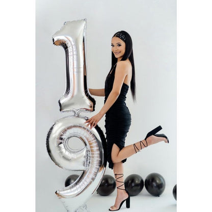 Balon din Folie Metalizata, Klevo, Figurina Cifra, Tema Aniversare 100 cm, Ambalaj Individual, Pai inclus, Umflare cu Aer sau Heliu, Argintiu, Cifra 9
