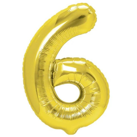 Balon din Folie Metalizata Klevo, Figurina Cifra, Tema Aniversare 100 cm, Ambalaj Individual, Pai inclus, Umflare cu Aer sau Heliu, Auriu, Cifra 6