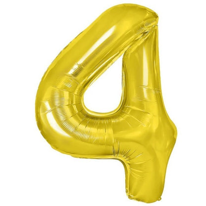 Balon din Folie Metalizata Klevo, Figurina Cifra, Tema Aniversare 100 cm, Ambalaj Individual, Pai inclus, Umflare cu Aer sau Heliu, Auriu, Cifra 4