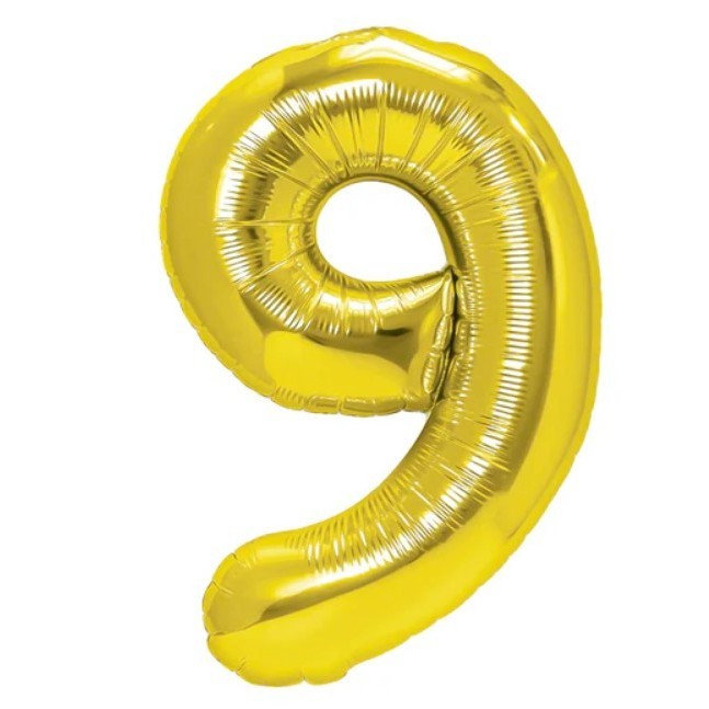 Balon din Folie Metalizata Klevo, Figurina Cifra, Tema Aniversare 100 cm, Ambalaj Individual, Pai inclus, Umflare cu Aer sau Heliu, Auriu, Cifra 9