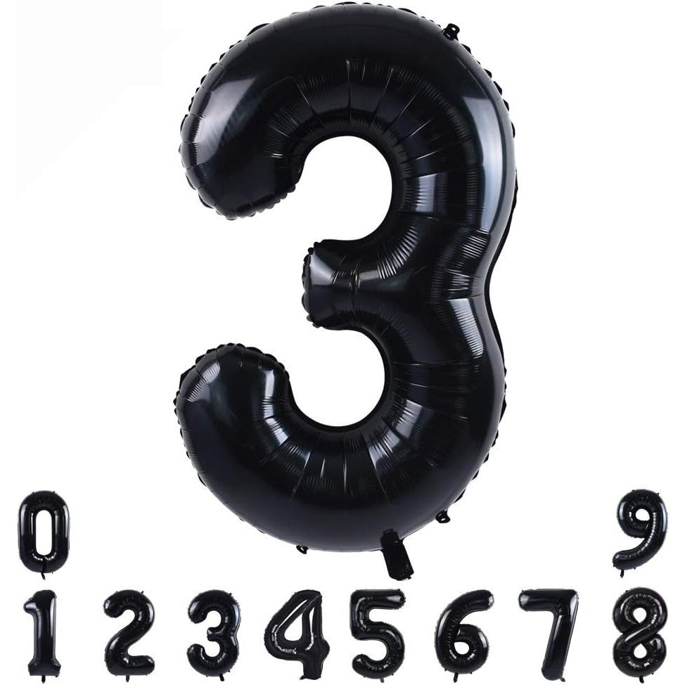 Balon din Folie Metalizata, Klevo, Figurina Cifra, Tema Aniversare 100 cm, Ambalaj Individual, Pai inclus, Umflare cu Aer sau Heliu, Negru, Cifra 3