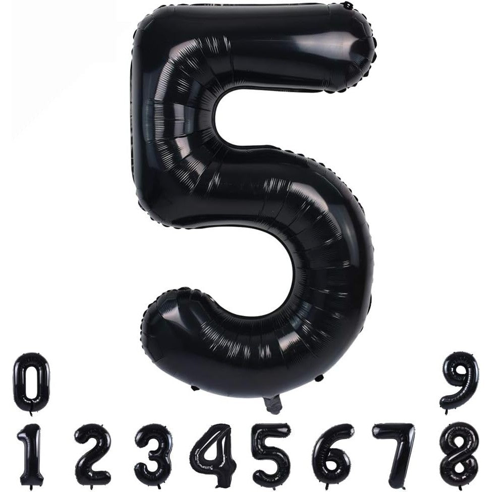 Balon din Folie Metalizata, Klevo, Figurina Cifra, Tema Aniversare 100 cm, Ambalaj Individual, Pai inclus, Umflare cu Aer sau Heliu, Negru, Cifra 5