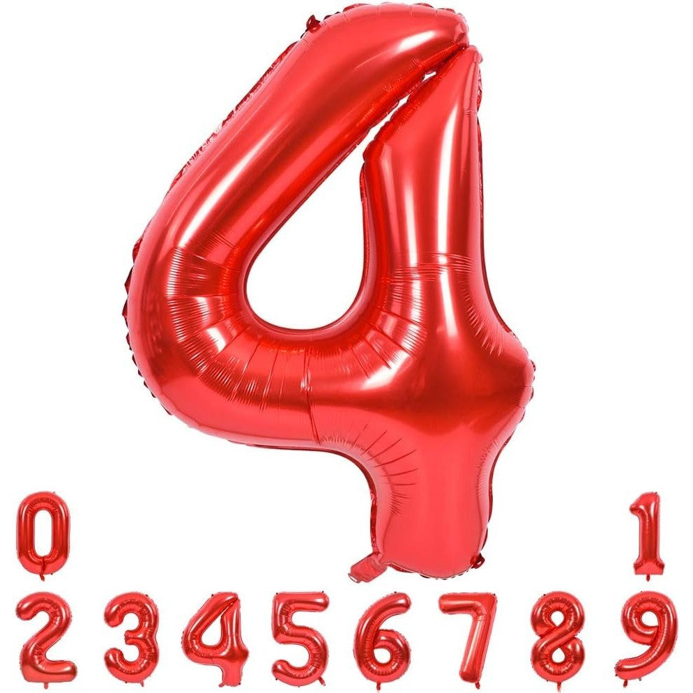 Balon din Folie Metalizata Klevo, Figurina Cifra, Tema Aniversare 100 cm, Ambalaj Individual, Pai inclus, Umflare cu Aer sau Heliu, Rosu, Cifra 4