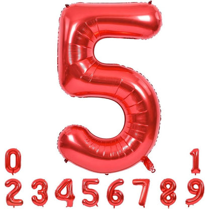 Balon din Folie Metalizata Klevo, Figurina Cifra, Tema Aniversare 100 cm, Ambalaj Individual, Pai inclus, Umflare cu Aer sau Heliu, Rosu, Cifra 5