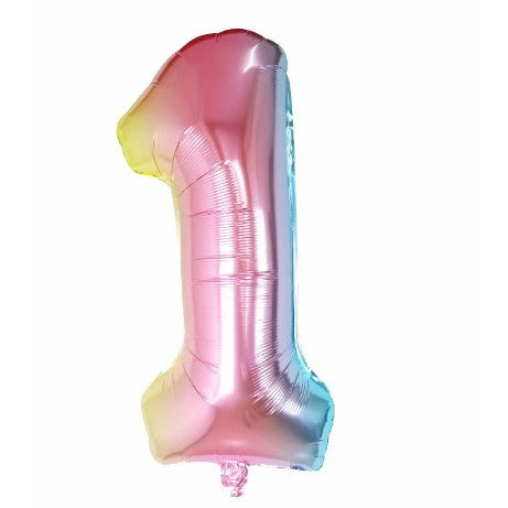 Balon din Folie Metalizata Klevo, Figurina Cifra Gradient, Tema Aniversare 40 cm, Ambalaj Individual, Pai inclus, Umflare cu Aer sau Heliu, Multicolor, Cifra 1
