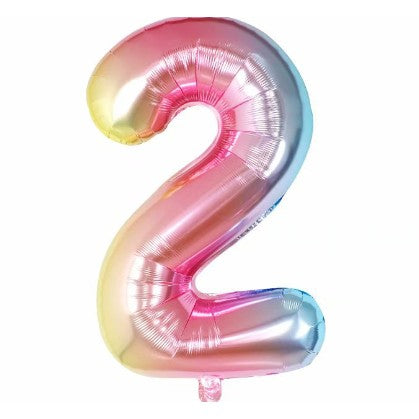 Balon din Folie Metalizata Klevo, Figurina Cifra Gradient, Tema Aniversare 40 cm, Ambalaj Individual, Pai inclus, Umflare cu Aer sau Heliu, Multicolor, Cifra 2