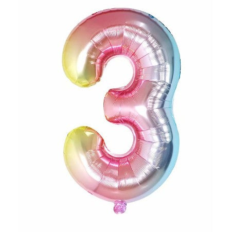 Balon din Folie Metalizata Klevo, Figurina Cifra Gradient, Tema Aniversare 40 cm, Ambalaj Individual, Pai inclus, Umflare cu Aer sau Heliu, Multicolor, Cifra 3