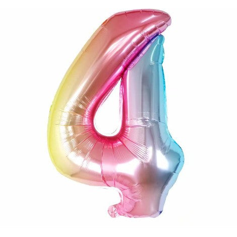 Balon din Folie Metalizata Klevo, Figurina Cifra, Tema Aniversare 40 cm, Ambalaj Individual, Pai inclus, Umflare cu Aer sau Heliu, Multicolor, Cifra 4