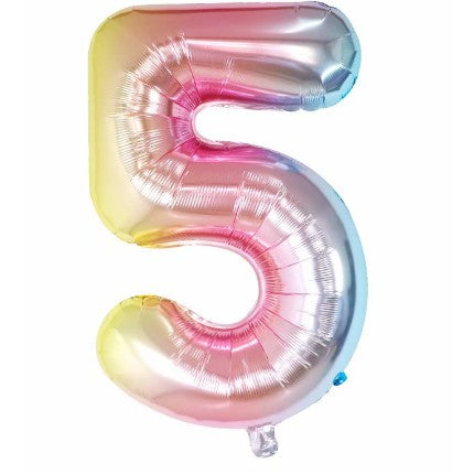 Balon din Folie Metalizata Klevo, Figurina Cifra, Tema Aniversare 40 cm, Ambalaj Individual, Pai inclus, Umflare cu Aer sau Heliu, Multicolor, Cifra 5