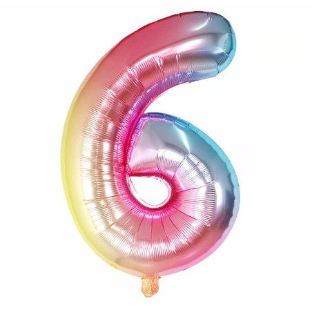 Balon din Folie Metalizata Klevo, Figurina Cifra, Tema Aniversare 40 cm, Ambalaj Individual, Pai inclus, Umflare cu Aer sau Heliu, Multicolor, Cifra 6
