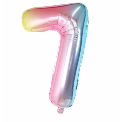 Balon din Folie Metalizata Klevo, Figurina Cifra, Tema Aniversare 40 cm, Ambalaj Individual, Pai inclus, Umflare cu Aer sau Heliu, Multicolor, Cifra 7