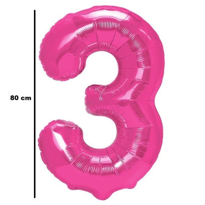 Balon din Folie Metalizata Klevo, Figurina Cifra, Tema Aniversare 80 cm, Ambalaj Individual, Pai inclus, Umflare cu Aer sau Heliu, Roz, Cifra 3