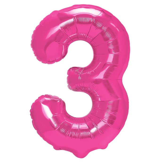 Balon din Folie Metalizata Klevo, Figurina Cifra, Tema Aniversare 80 cm, Ambalaj Individual, Pai inclus, Umflare cu Aer sau Heliu, Roz, Cifra 3
