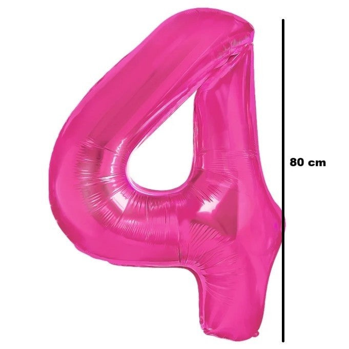 Balon din Folie Metalizata Klevo, Figurina Cifra, Tema Aniversare 80 cm, Ambalaj Individual, Pai inclus, Umflare cu Aer sau Heliu, Roz, Cifra 4