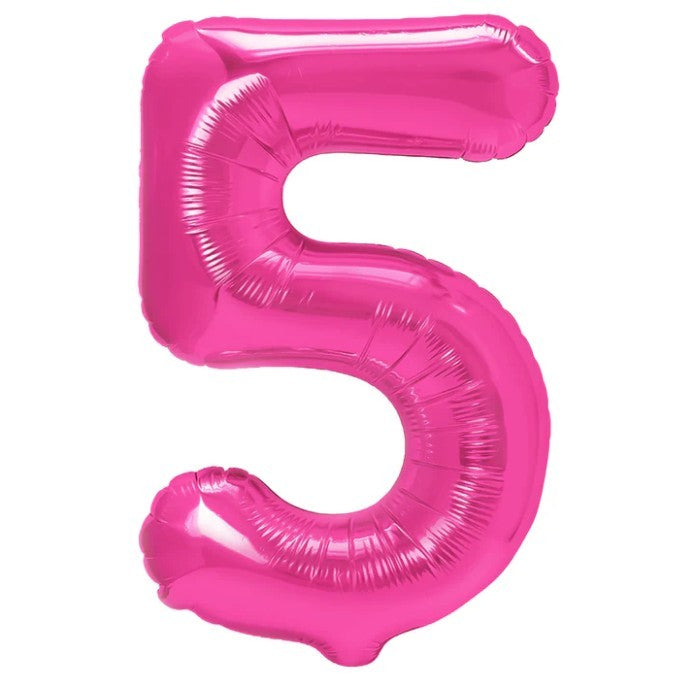 Balon din Folie Metalizata Klevo, Figurina Cifra, Tema Aniversare 80 cm, Ambalaj Individual, Pai inclus, Umflare cu Aer sau Heliu, Roz, Cifra 5