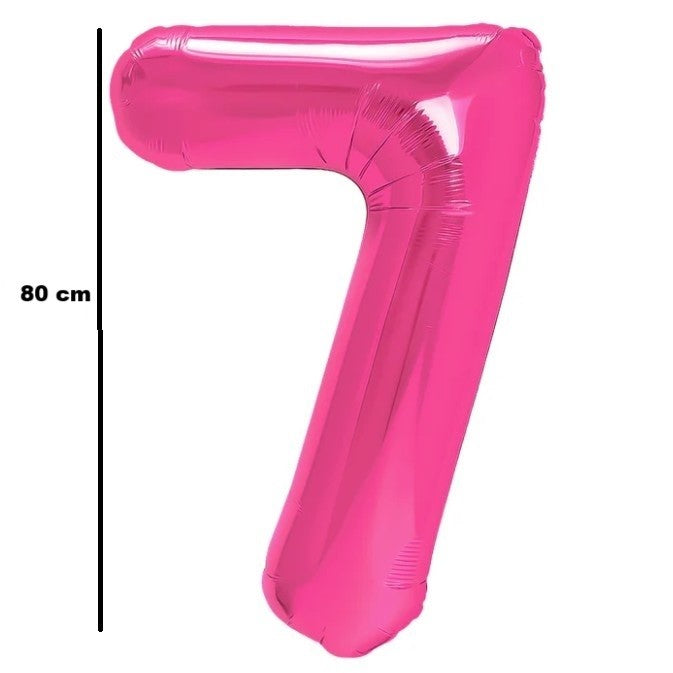 Balon din Folie Metalizata Klevo, Figurina Cifra, Tema Aniversare 80 cm, Ambalaj Individual, Pai inclus, Umflare cu Aer sau Heliu, Roz, Cifra 7