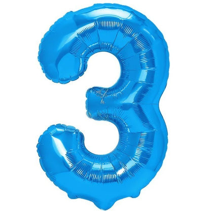 Balon din Folie Metalizata, Klevo, Figurina Cifra, Tema Aniversare 100 cm, Ambalaj Individual, Pai inclus, Umflare cu Aer sau Heliu, Albastru, Cifra 3