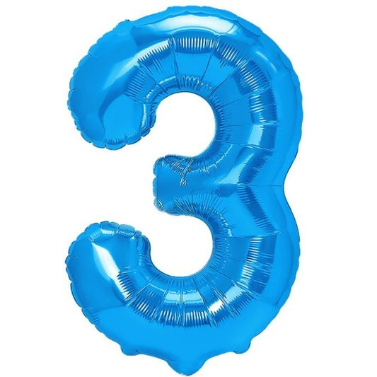 Balon din Folie Metalizata, Klevo, Figurina Cifra, Tema Aniversare 100 cm, Ambalaj Individual, Pai inclus, Umflare cu Aer sau Heliu, Albastru, Cifra 3